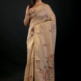 Cream Color Tant Jamdani Saree with Floral Motifs - Anvi Couture