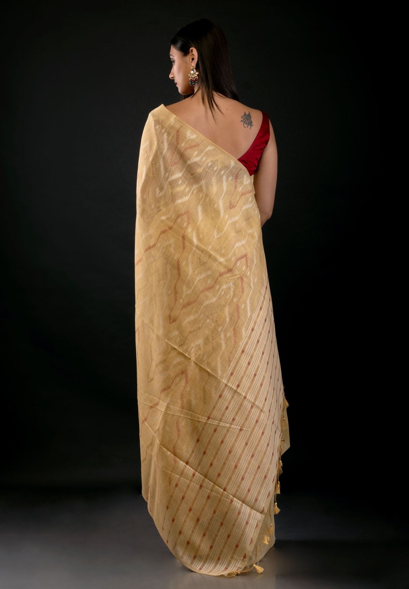 Golden Jamdani Saree with Geometric Pattern - Anvi Couture