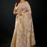 Golden and White Jamdani Saree with floral Motifs - Anvi Couture