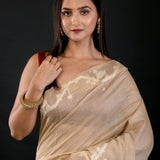 Golden and White Jamdani Saree with floral Motifs - Anvi Couture