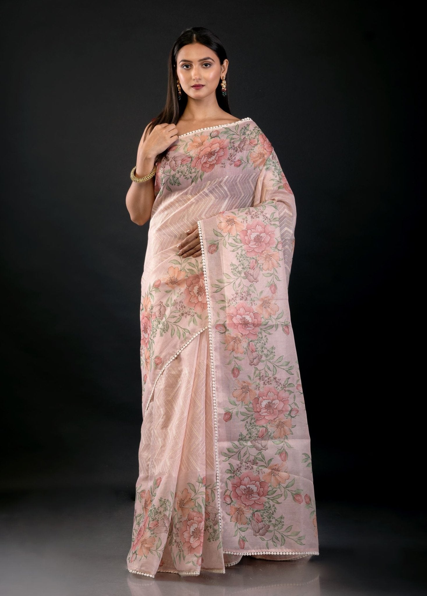 Peach Color Floral Printed Organza Saree with Thread Work - Anvi Couture