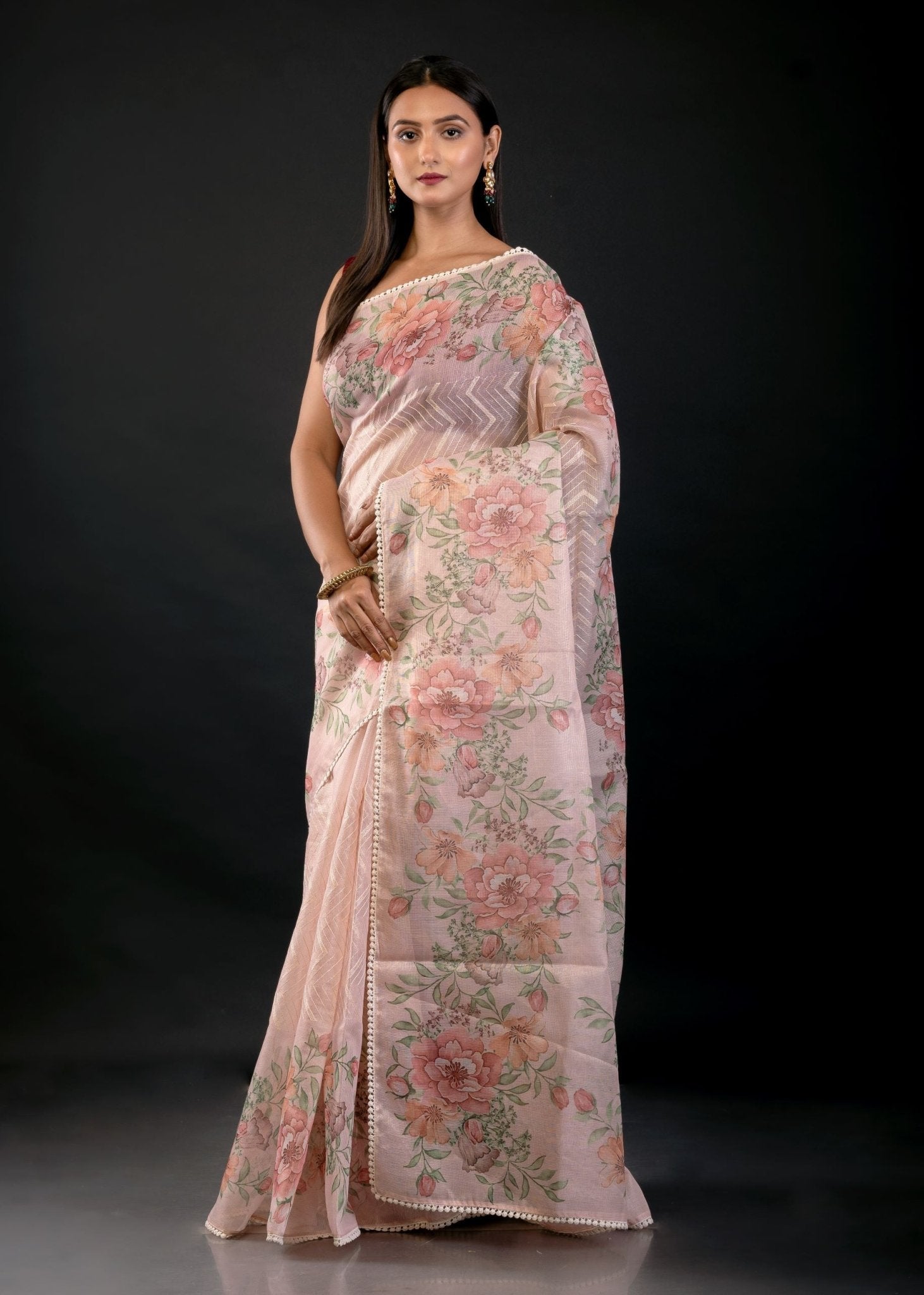 Peach Color Floral Printed Organza Saree with Thread Work - Anvi Couture