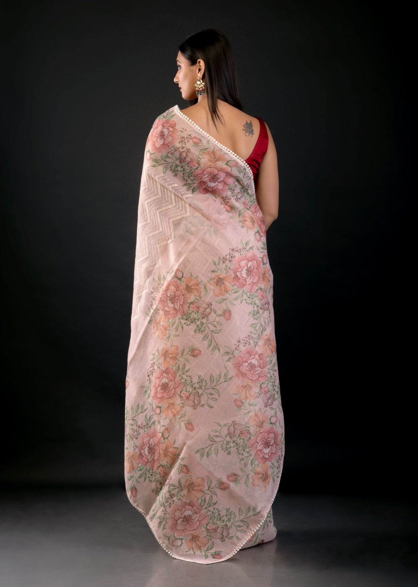 Peach Color Floral Printed Organza Saree with Thread Work - Anvi Couture