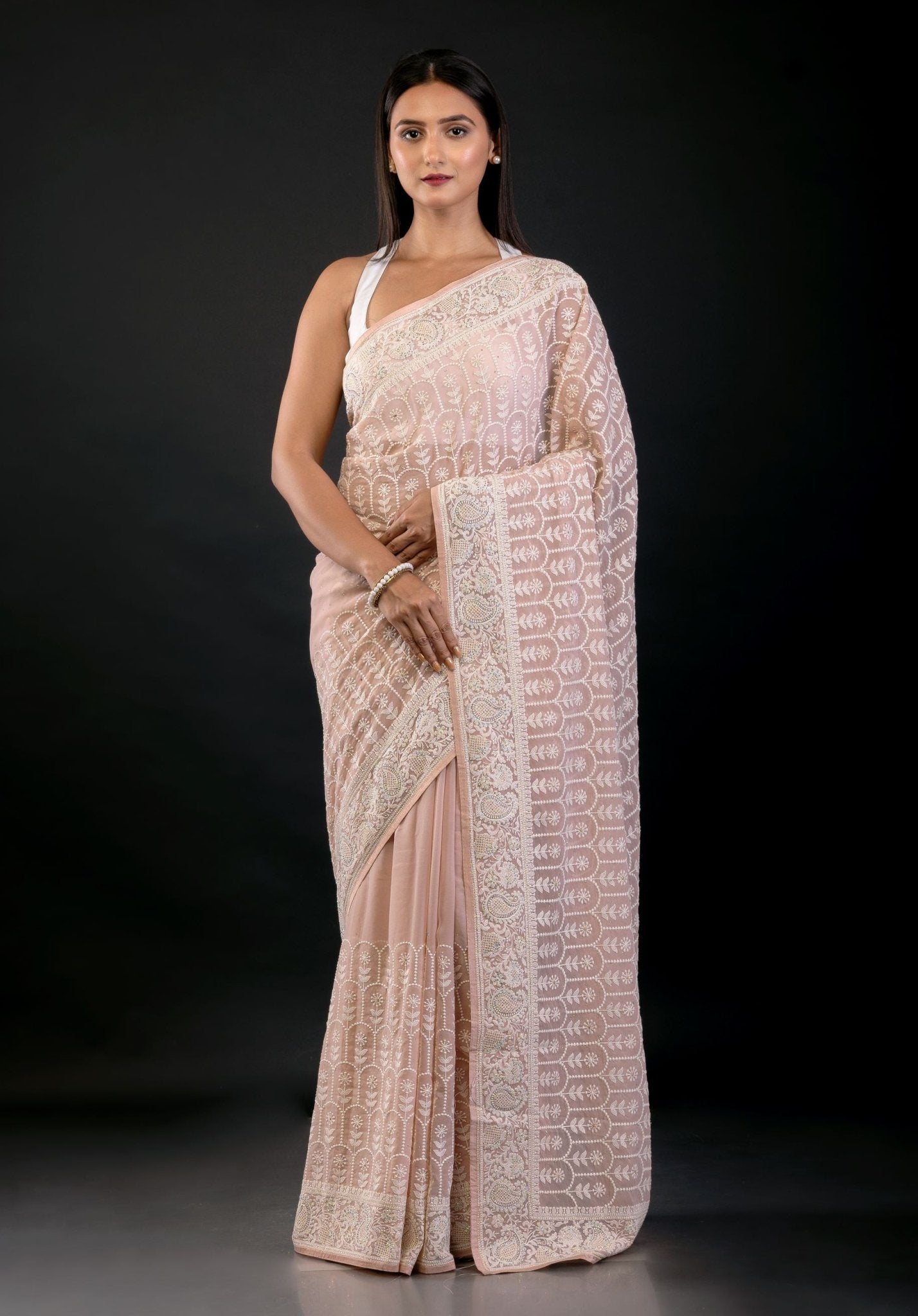 Soft Peach Georgette Saree with Thread Embroidered Work - Anvi Couture