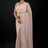 Soft Peach Georgette Saree with Thread Embroidered Work - Anvi Couture