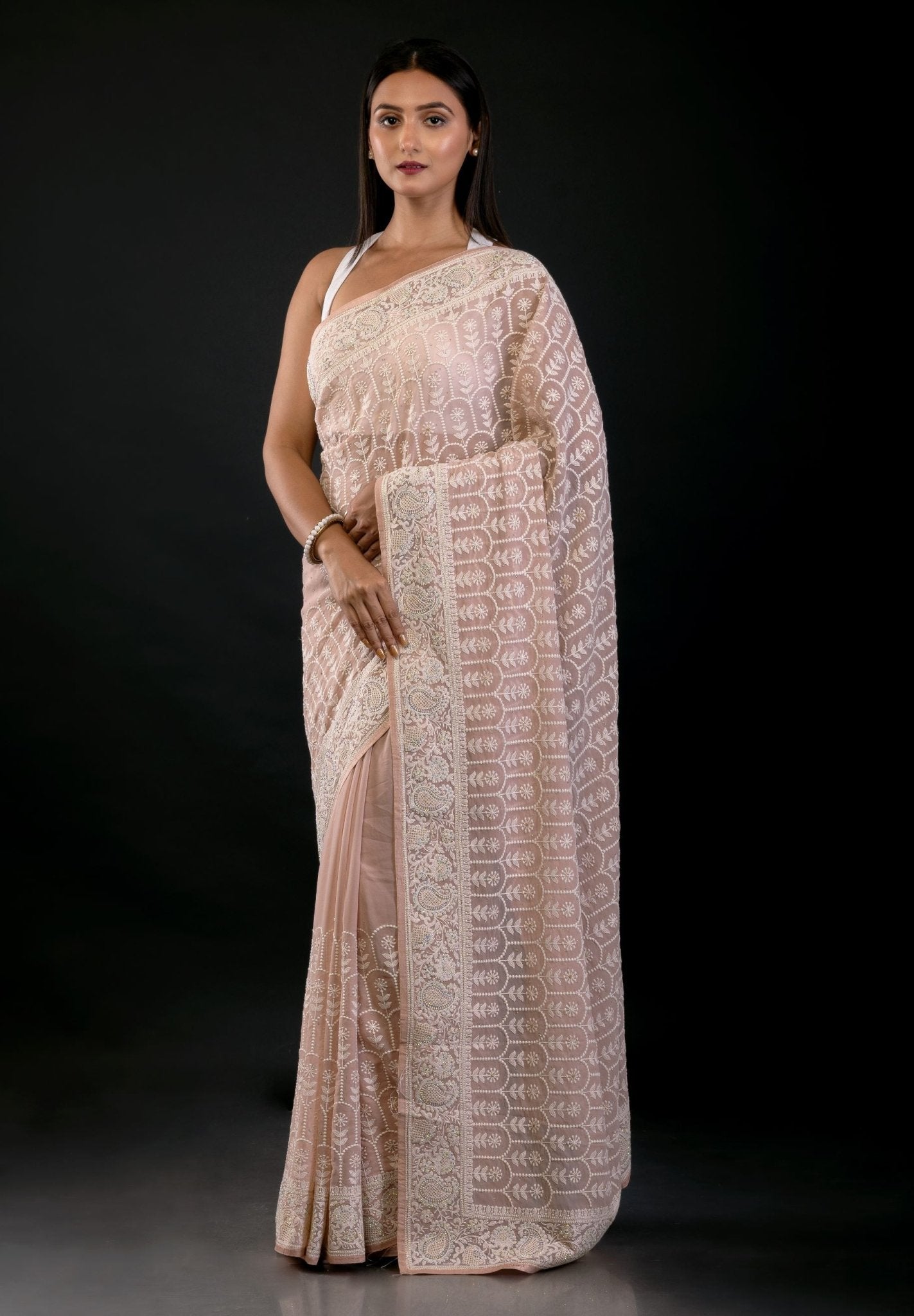 Soft Peach Georgette Saree with Thread Embroidered Work - Anvi Couture