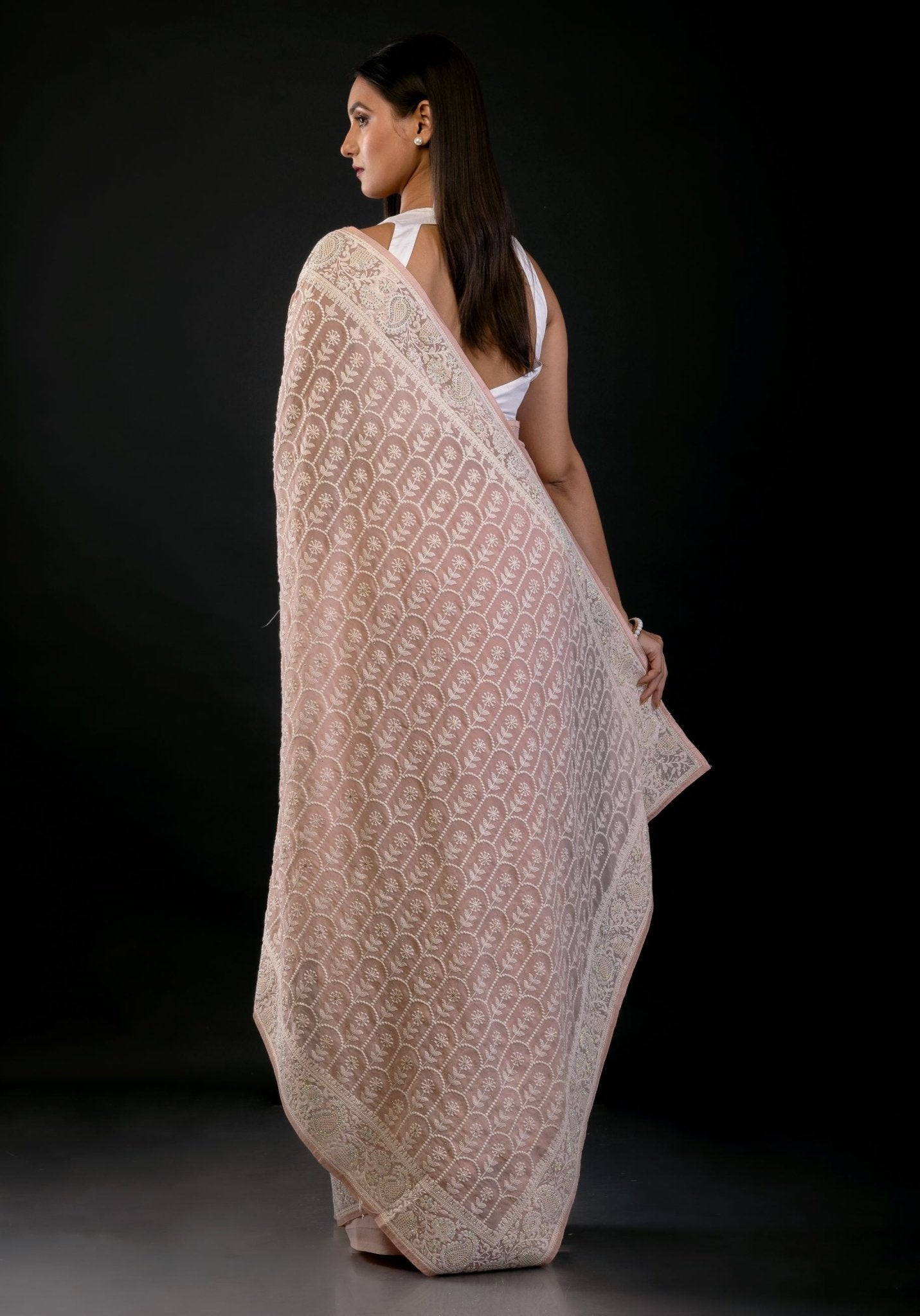 Soft Peach Georgette Saree with Thread Embroidered Work - Anvi Couture