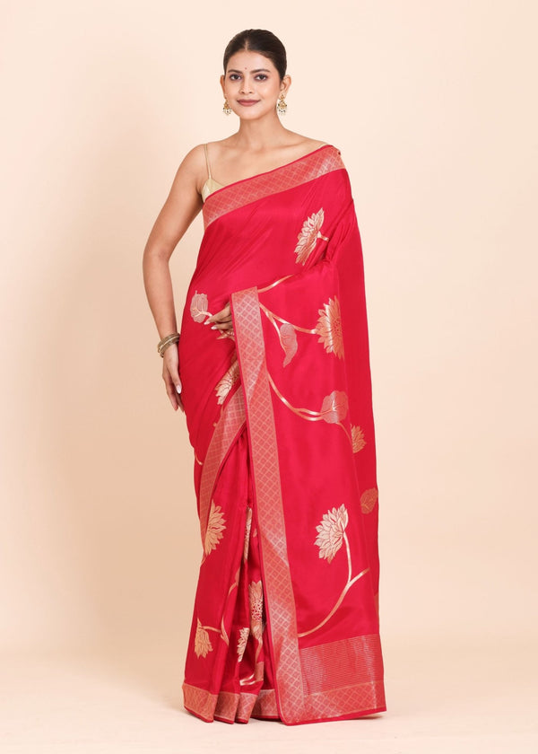 Dark Pink and Golden Dola Silk Saree with Floral Weaving - Anvi Couture