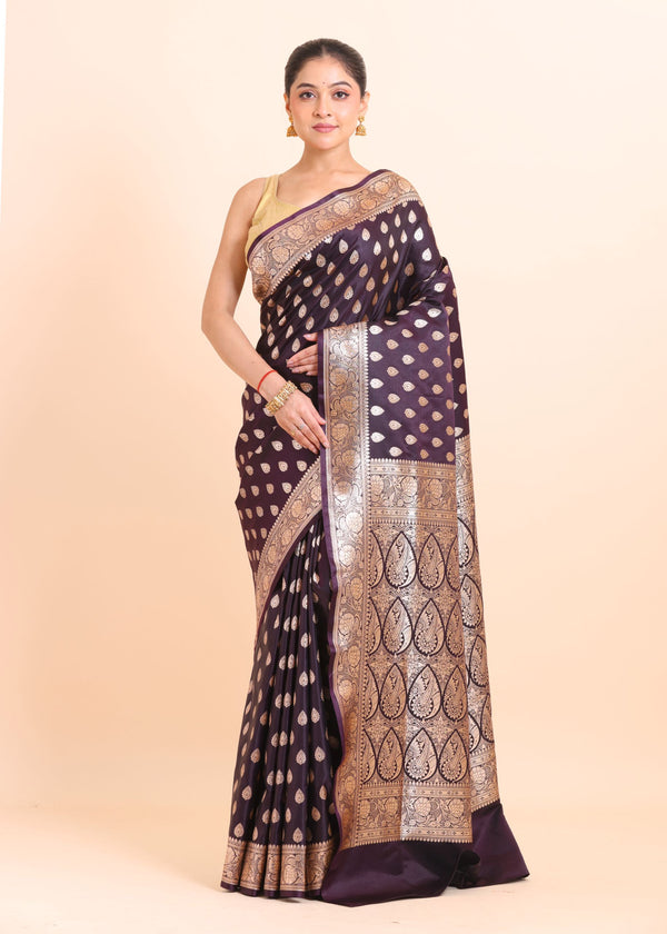 Dark Purple Bridal Handloom Banarasi Silk Saree full