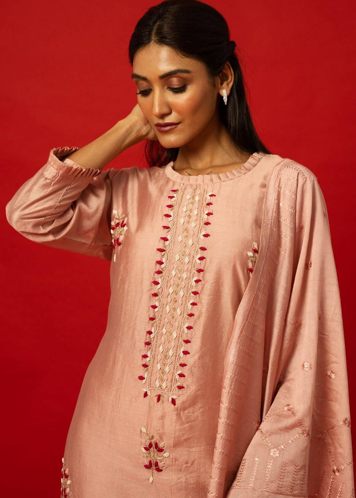 Blush Pink Silk Kurta with Dupatta – Perfect for Festive and Formal Wear