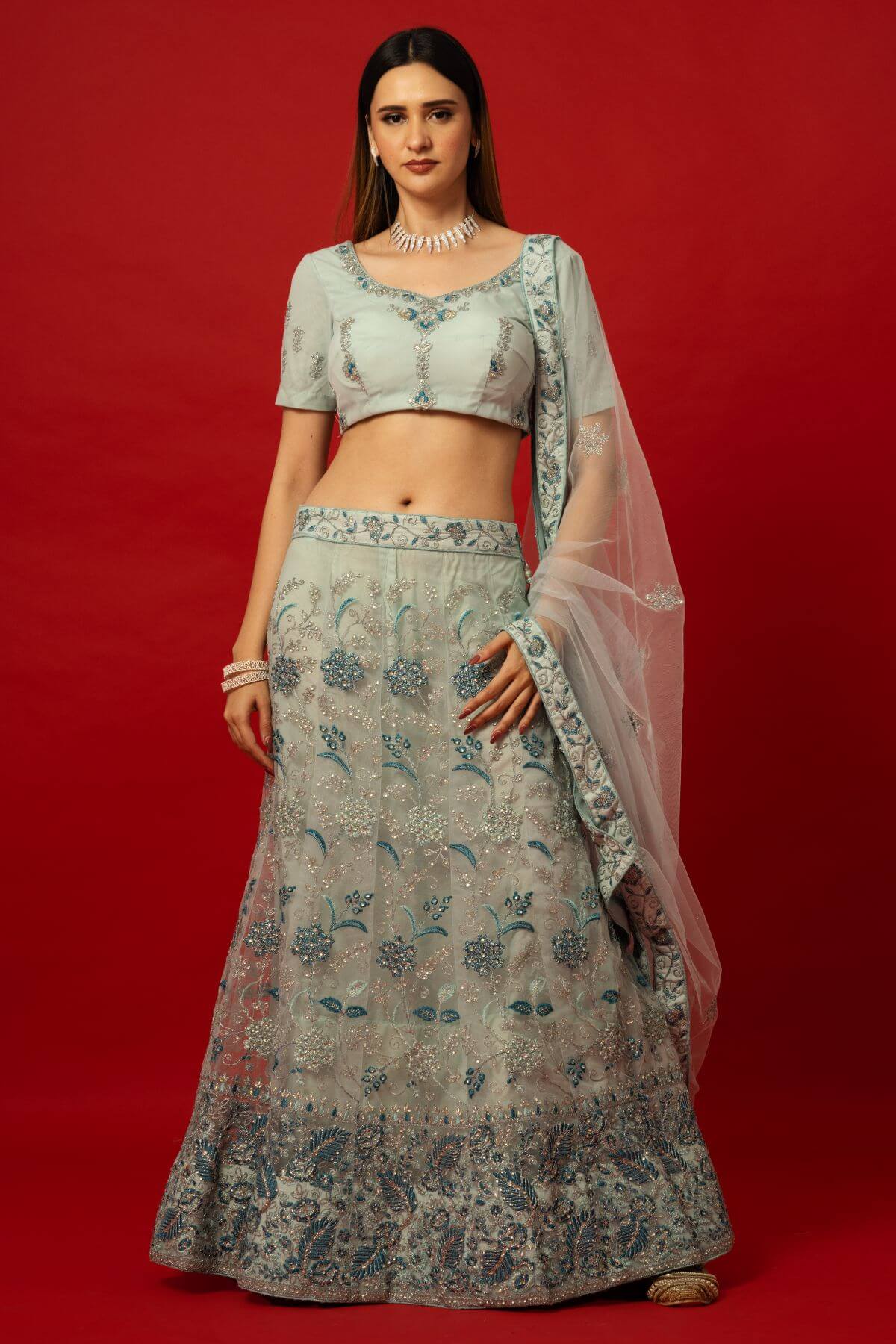 Light Blue Lehenga Choli with Intricate Embroidery and Subtle Glitter Details