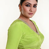 Mint Green Blouse with V Neckline and Embroidered Back Cutout and Half Sleeves - Anvi Couture