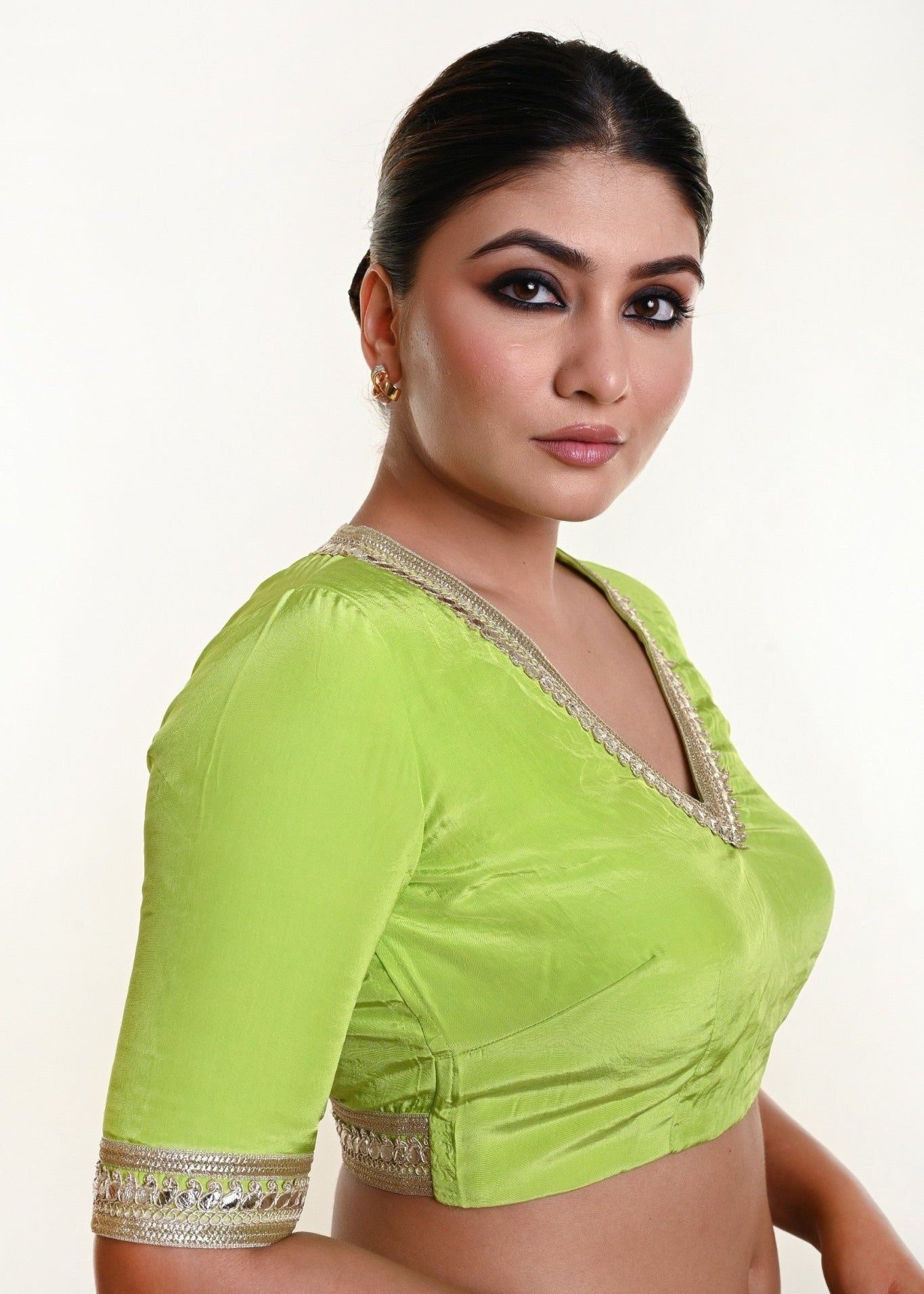 Mint Green Blouse with V Neckline and Embroidered Back Cutout and Half Sleeves - Anvi Couture