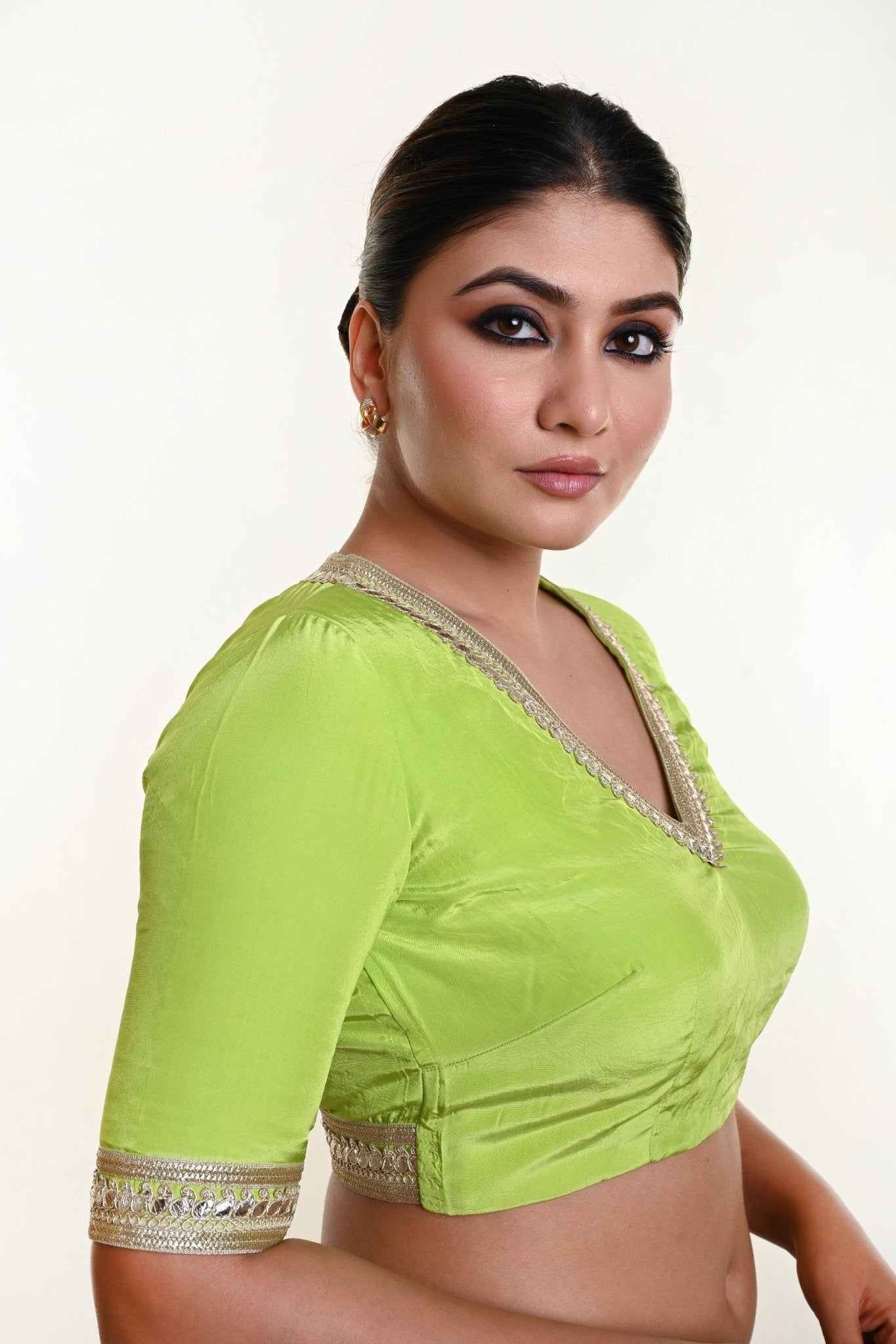 Mint Green Blouse with V Neckline and Embroidered Back Cutout and Half Sleeves - Anvi Couture