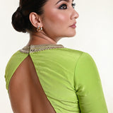Mint Green Blouse with V Neckline and Embroidered Back Cutout and Half Sleeves - Anvi Couture