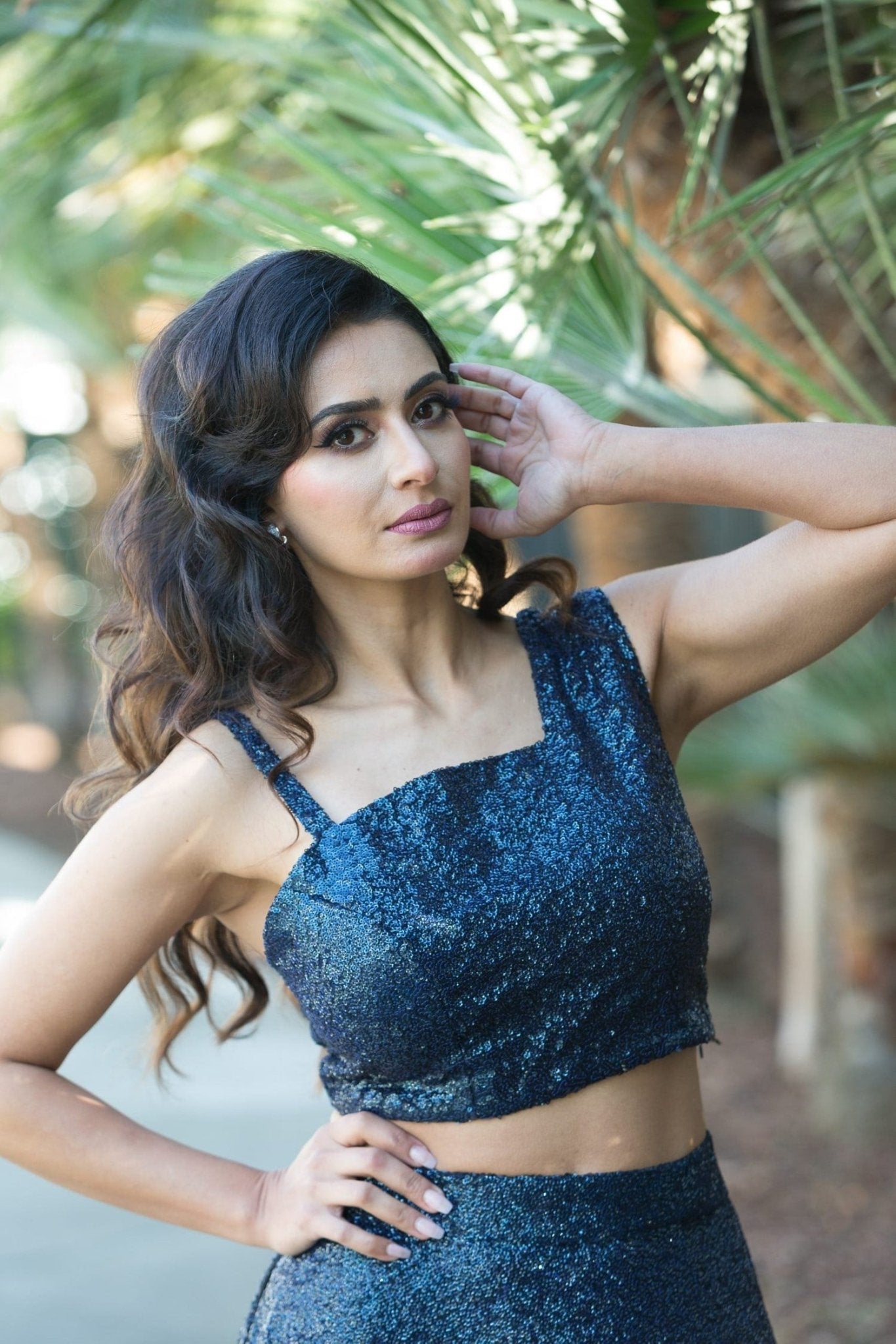 Blue Fusion Lehenga and Crop Top Set crafter with Sequin Embroidery - Anvi Couture