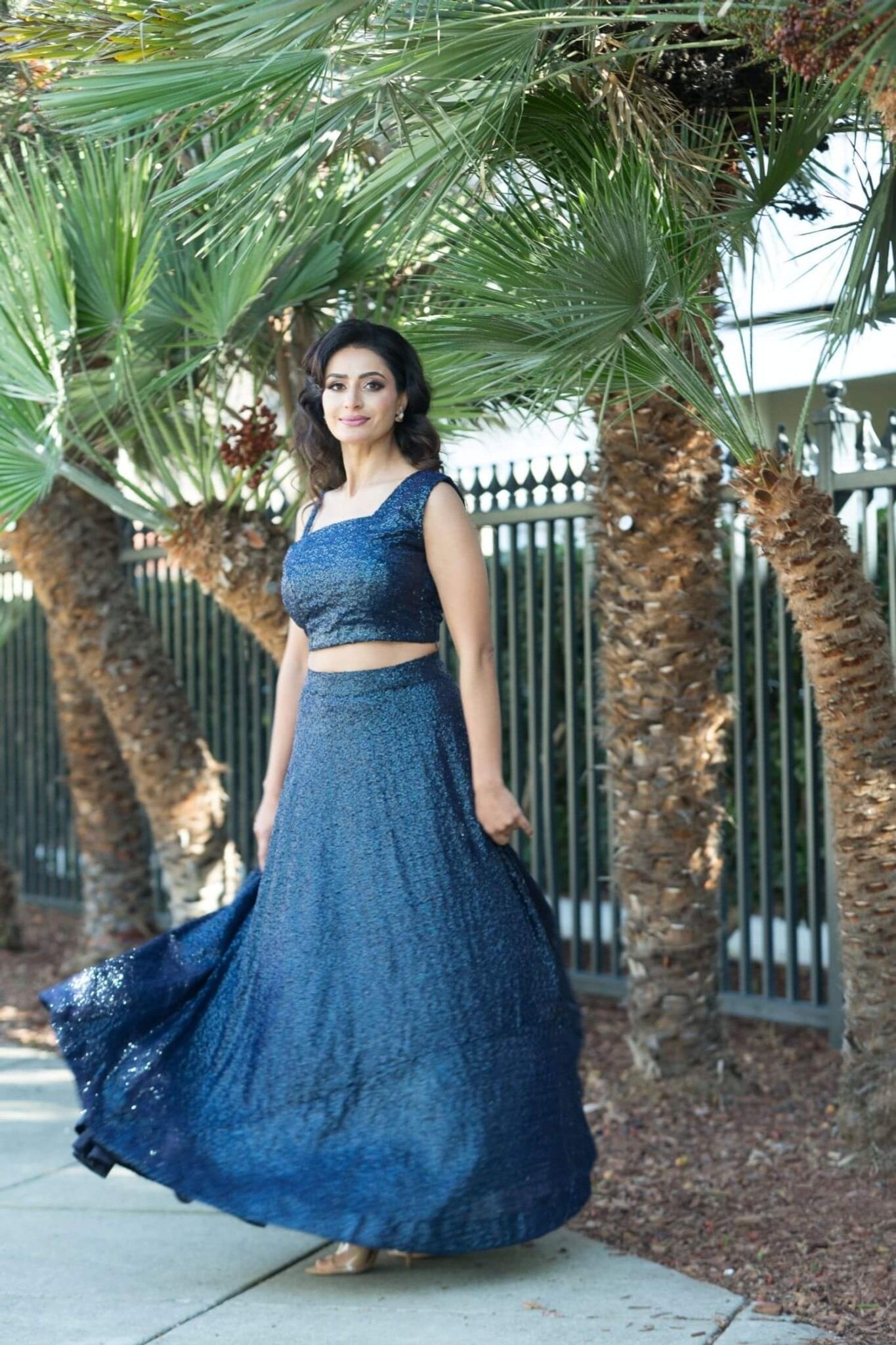 Blue Fusion Lehenga and Crop Top Set crafter with Sequin Embroidery - Anvi Couture