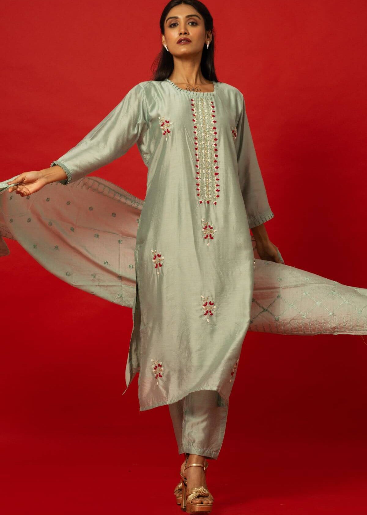 Light Blue Silk Kurti and Palazzo Set with Embroidery for Festive Wear