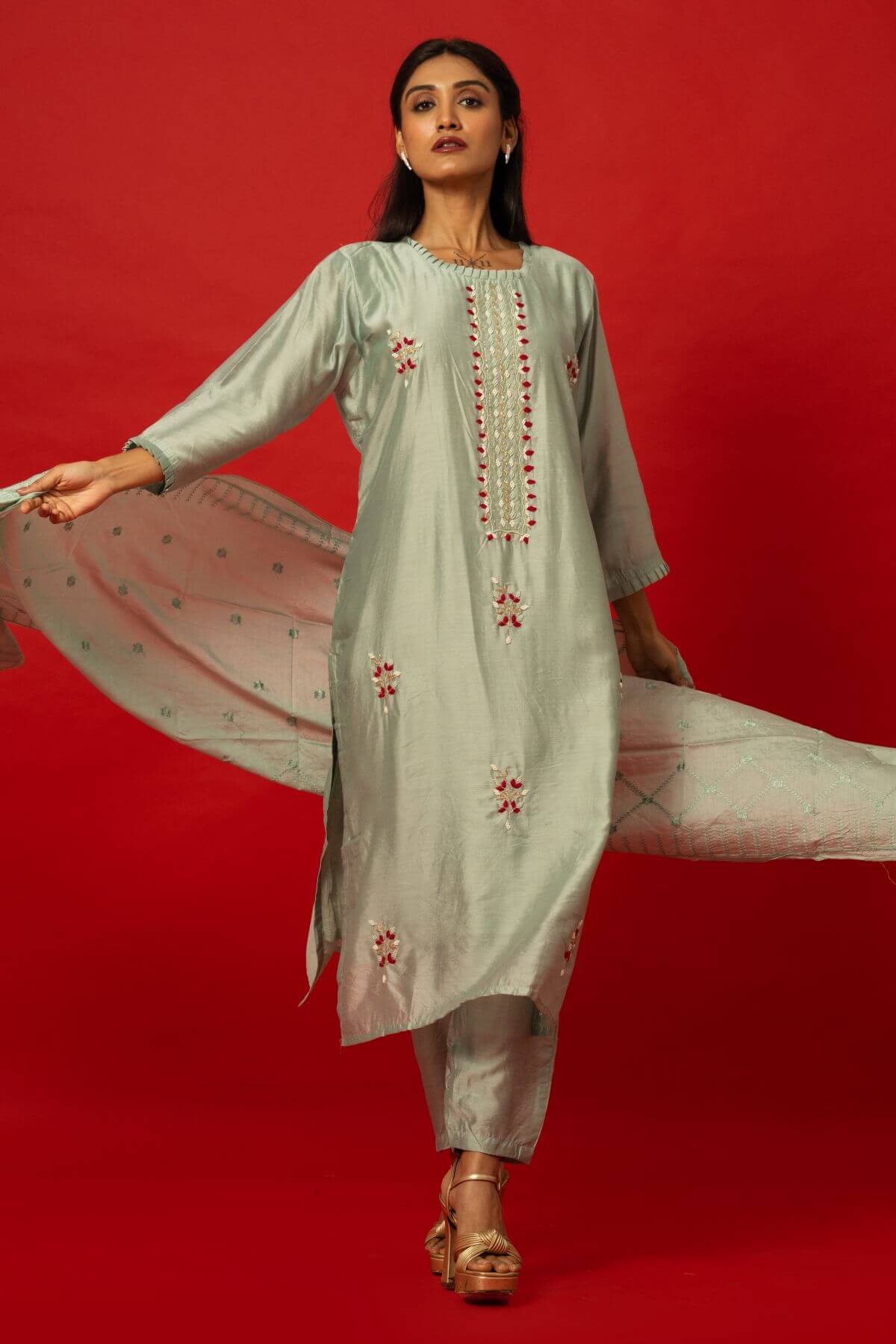 Light Blue Silk Kurti and Palazzo Set with Embroidery for Festive Wear