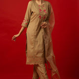 Light Brown Embroidered Cotton Kurta Set with Lace Detailing and Dupatta