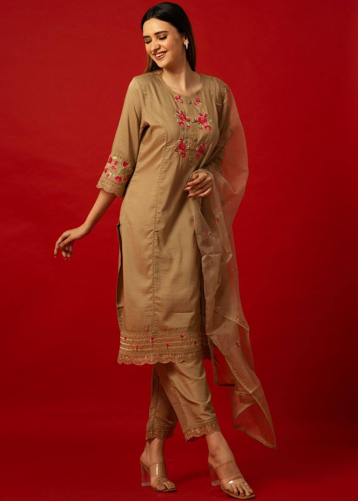 Light Brown Embroidered Cotton Kurta Set with Lace Detailing and Dupatta