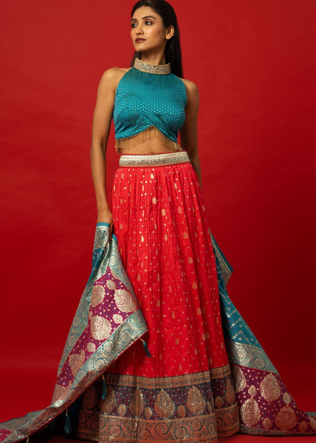 Pink Banarasi Lehenga with Contrasting Blue Brocade Dupatta for Weddings