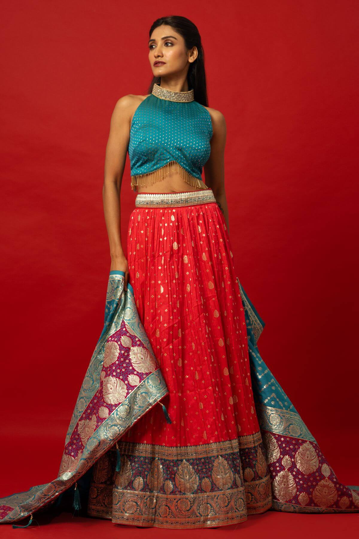 Pink Banarasi Lehenga with Contrasting Blue Brocade Dupatta for Weddings