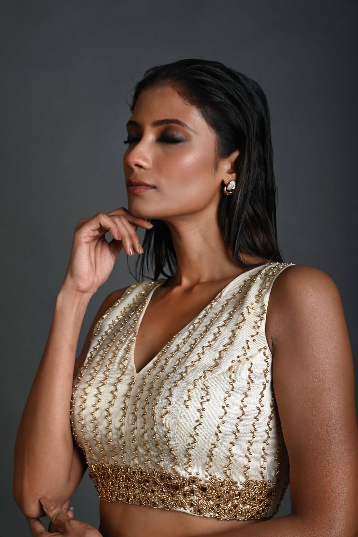 Elegant White Silk Blouse with Delicate Hand Embroidery