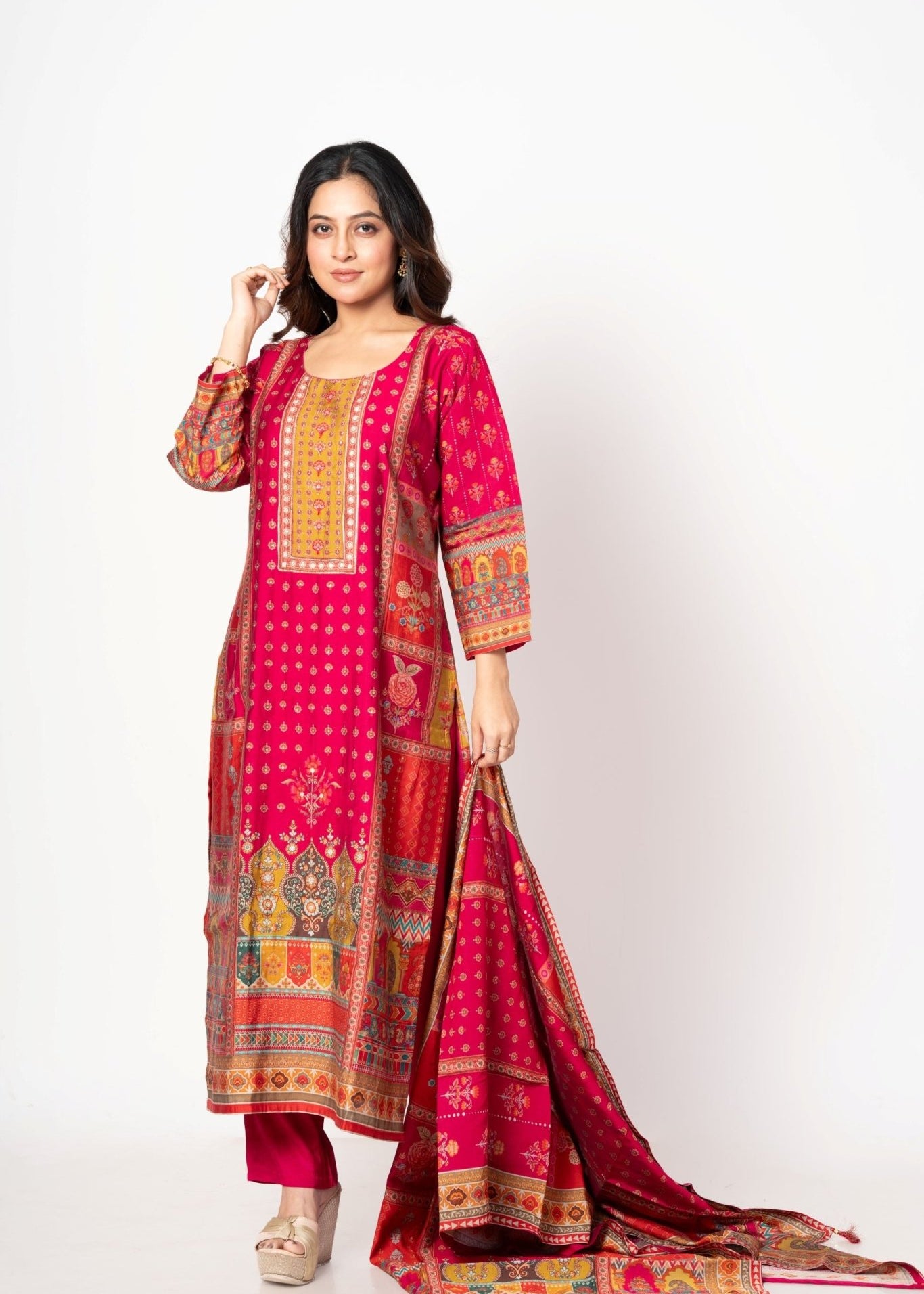 Elegant Pink Printed Silk Kurta Set with Straight Pants & Dupatta - Anvi Couture