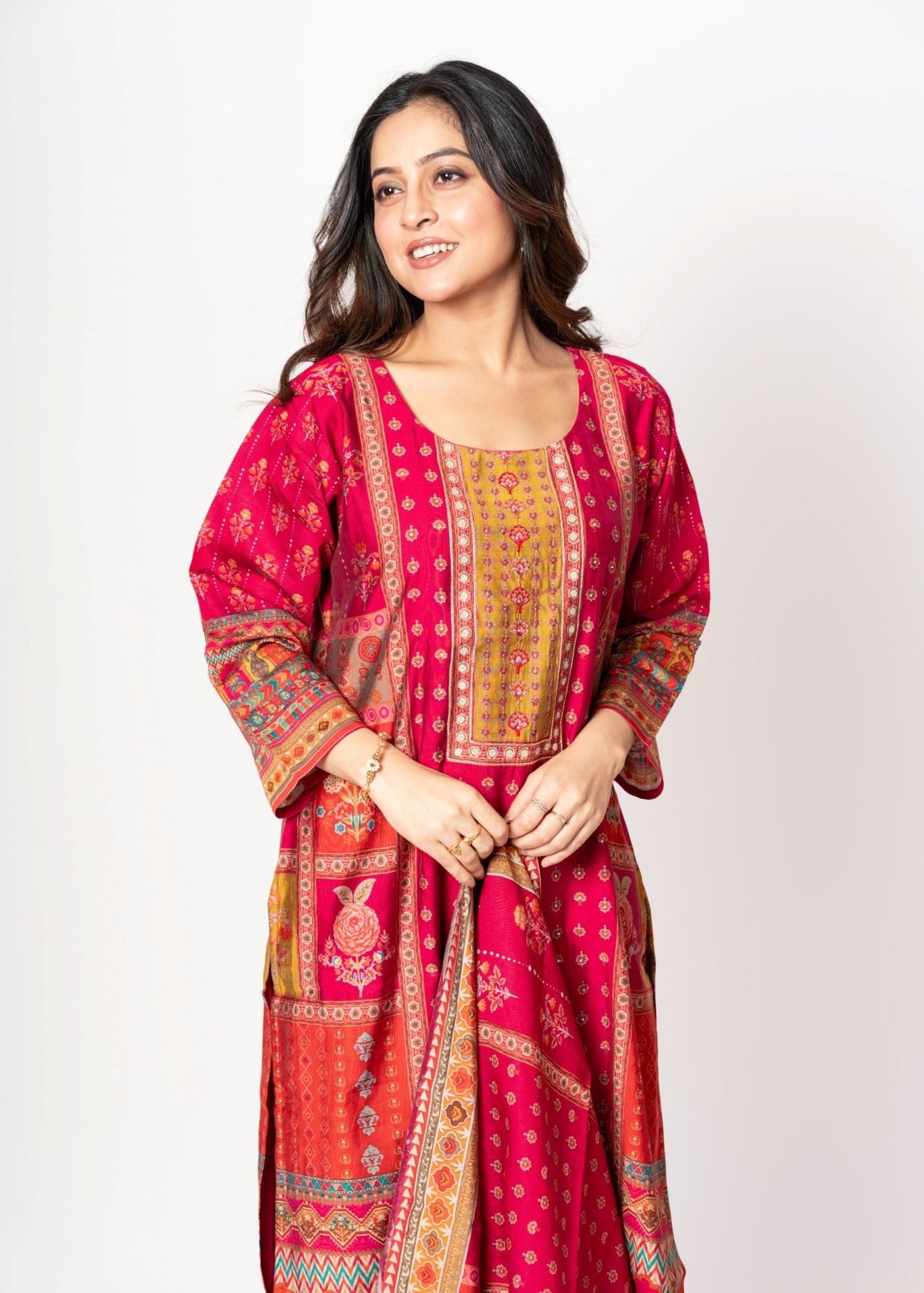 Elegant Pink Printed Silk Kurta Set with Straight Pants & Dupatta - Anvi Couture