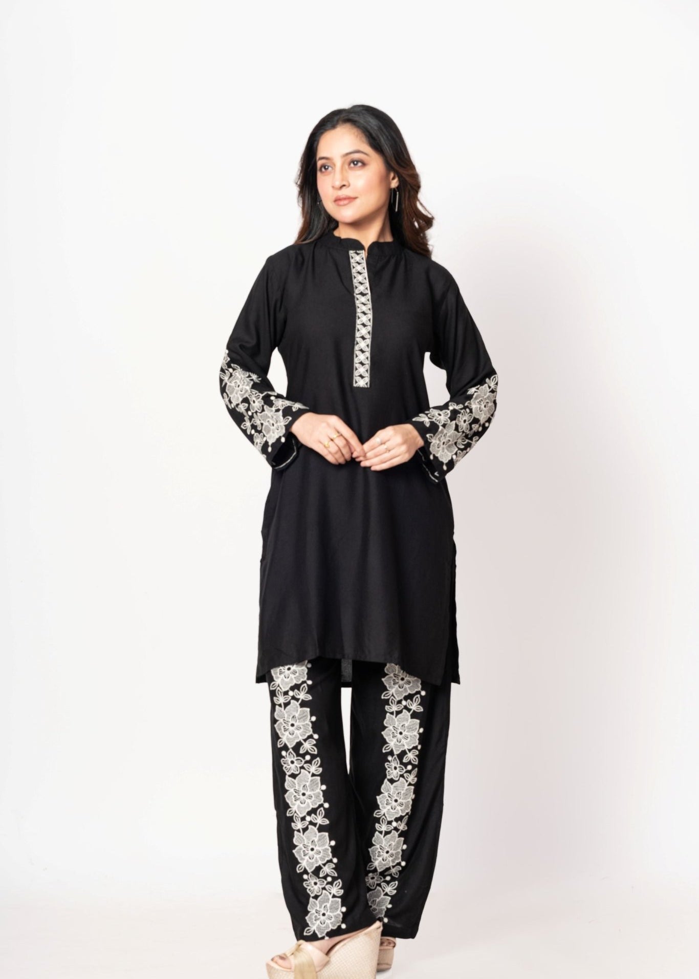 Black Rayon Co - Ord Set with White Floral Embroidered Work - Anvi Couture
