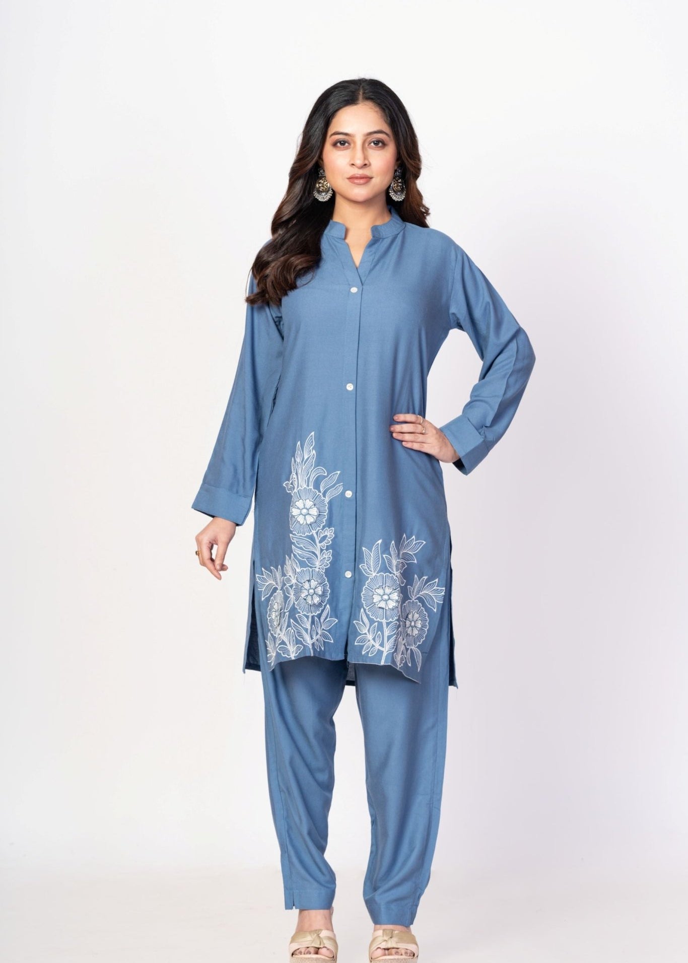 Blue Rayon Co - Ord Set with WhiteFloral Embroidered Work - Anvi Couture