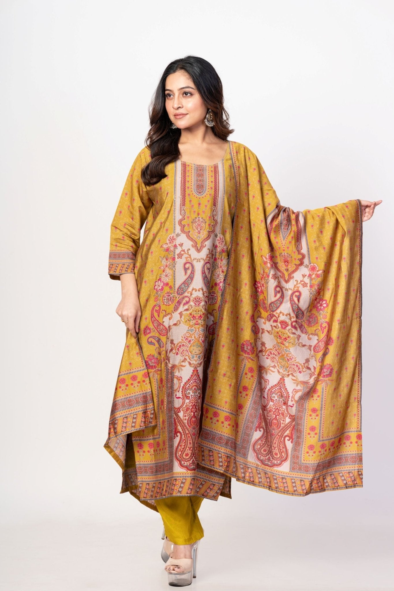 Mustard Yellow Printed Silk Kurta Set with Embroidered Work and Dupatta - Anvi Couture
