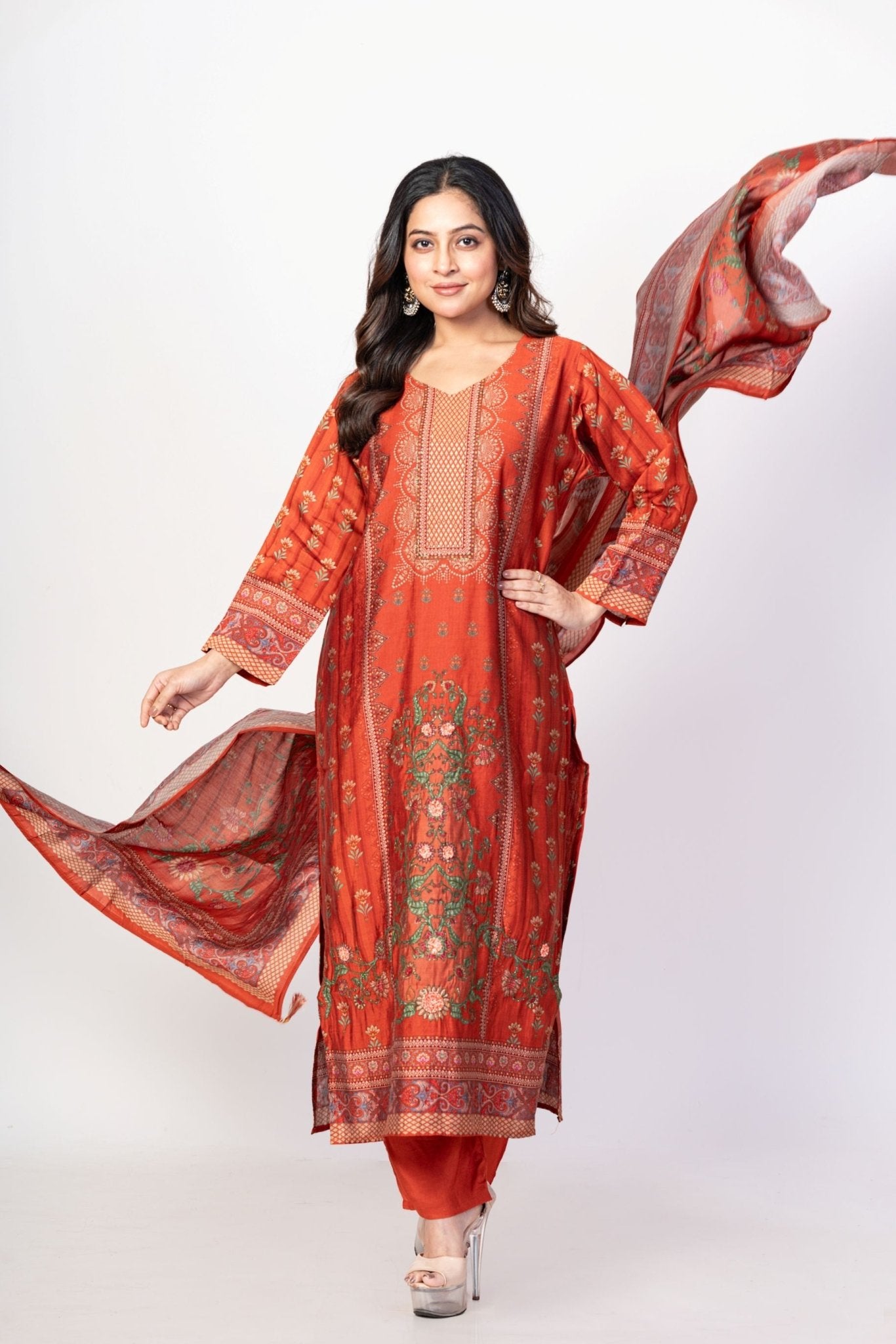 Rust Orange Printed Silk Kurta Set with Embroidered Work and Dupatta - Anvi Couture