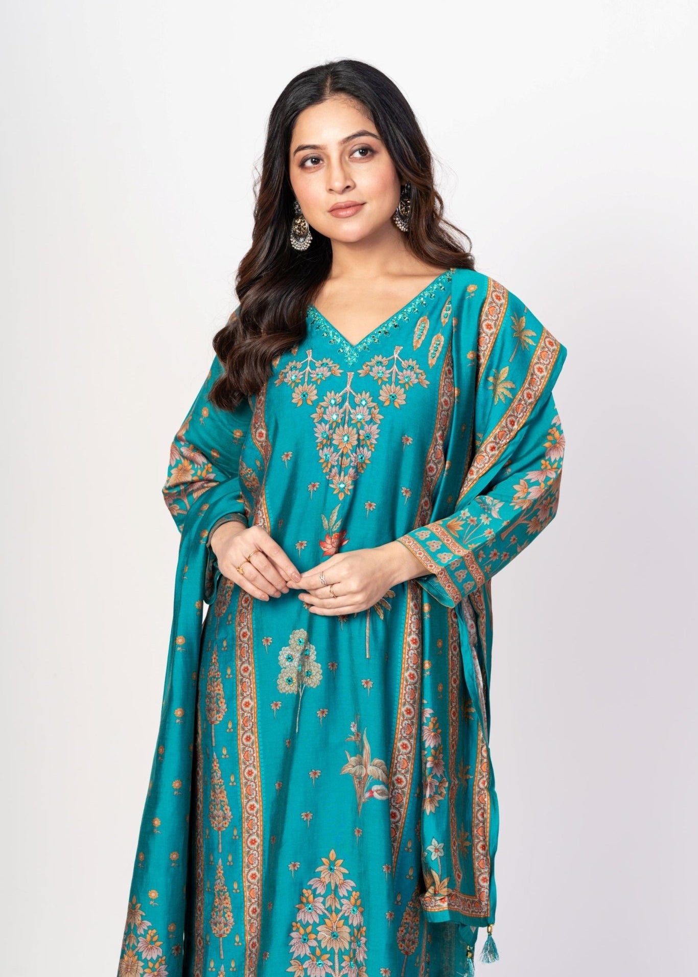 Electric Blue Printed Silk Kurta Set with Embroidered Work and Dupatta - Anvi Couture
