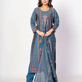 Teal Blue Printed Silk Kurta Set with Embroidered Work and Dupatta - Anvi Couture