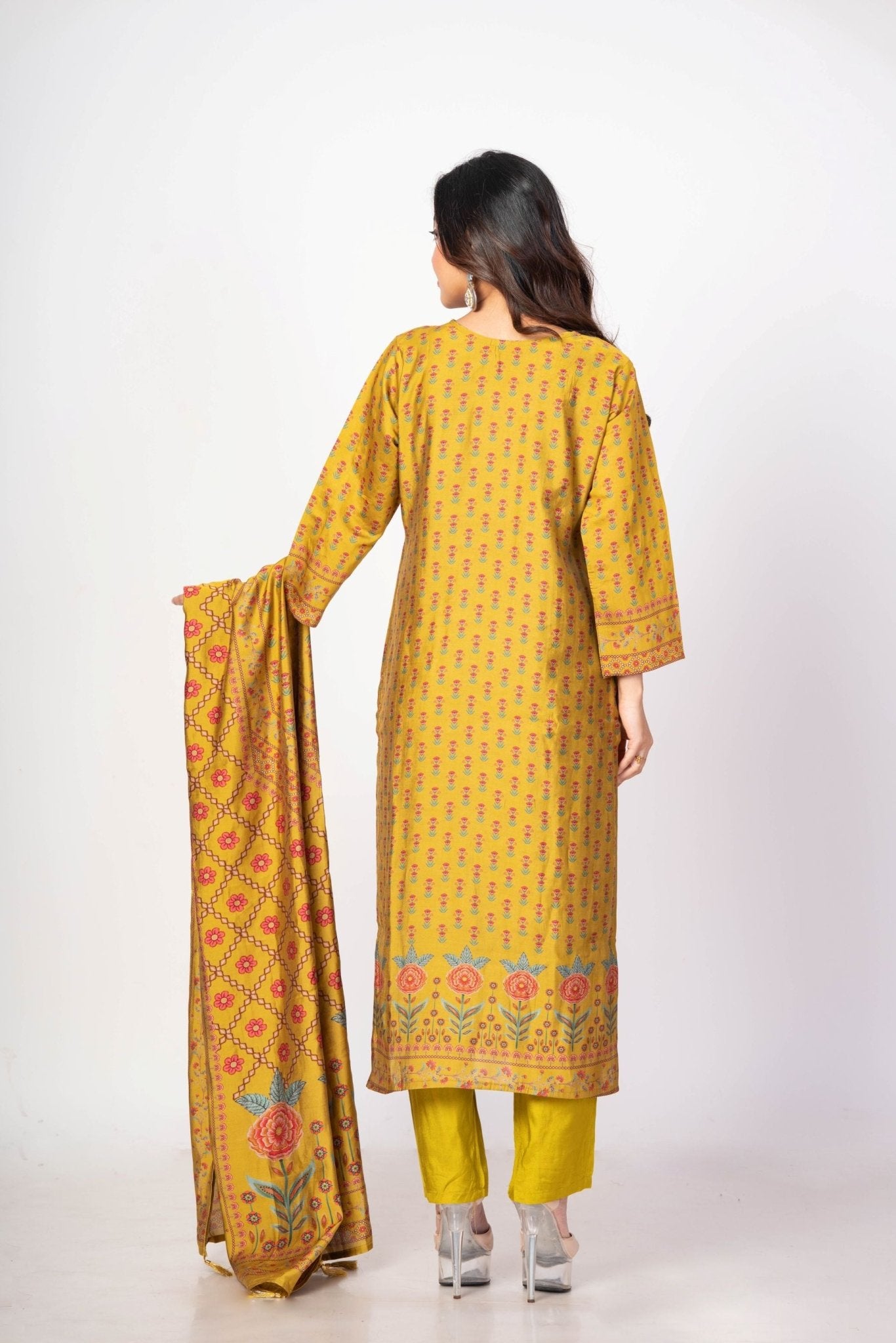 Fawn Yellow Printed Silk Kurta Set with Embroidered Work and Dupatta - Anvi Couture