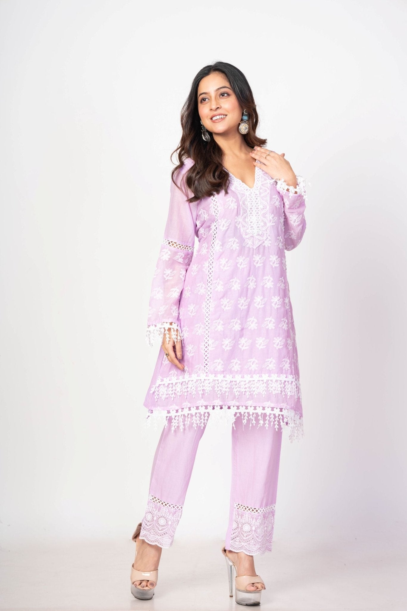 Lavender Co - ord Set with White Embroidered Thread Work - Anvi Couture