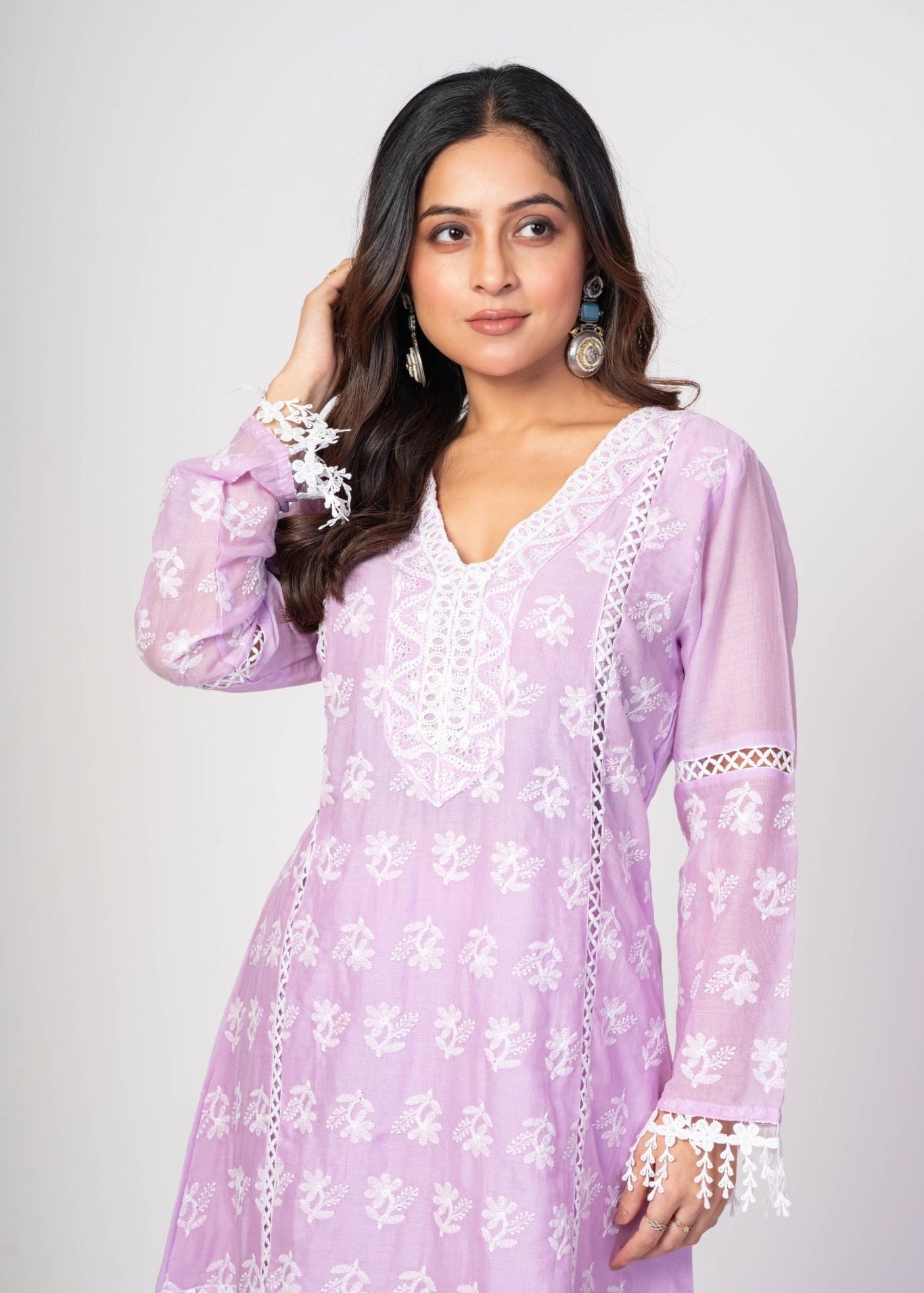 Lavender Co - ord Set with White Embroidered Thread Work - Anvi Couture