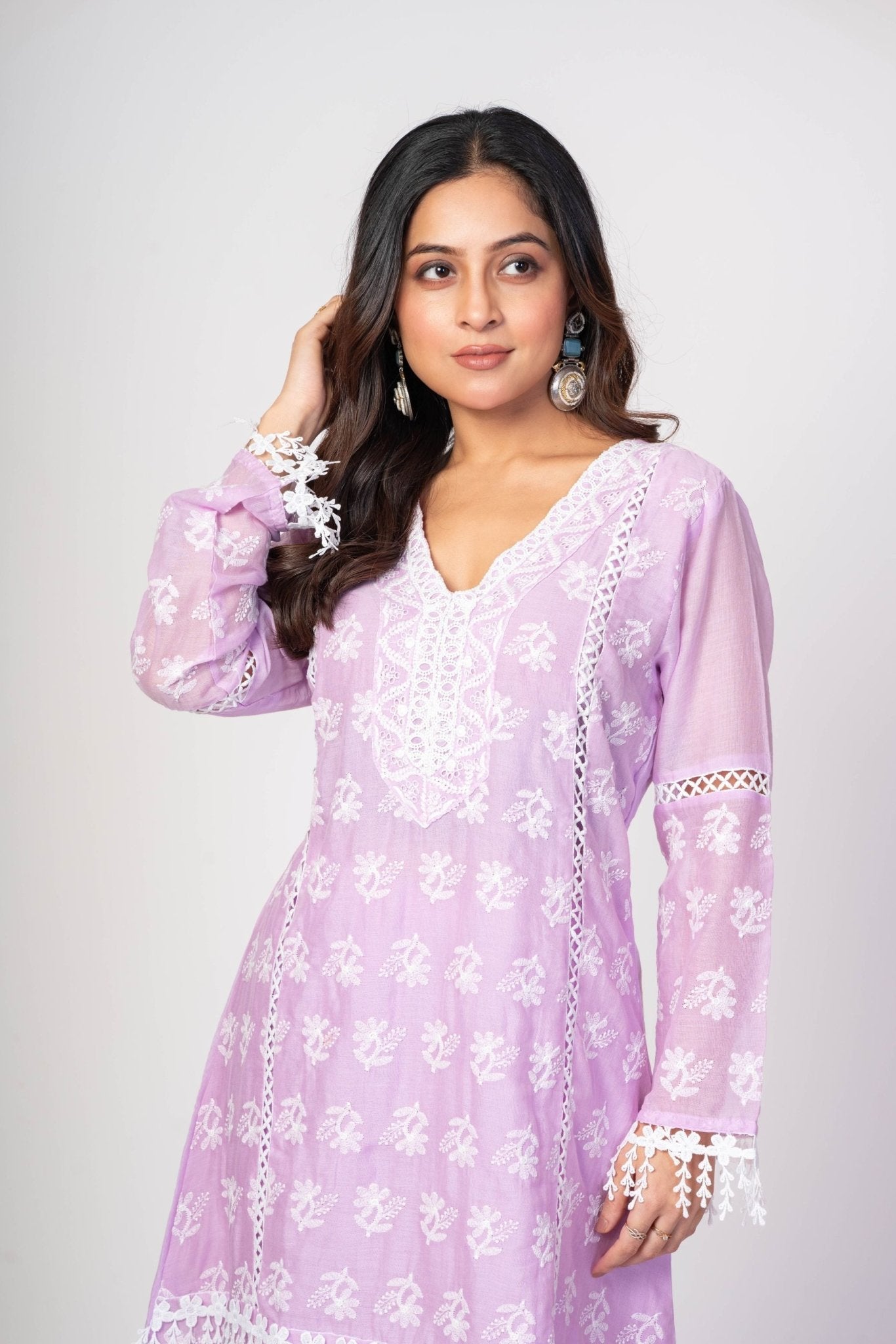 Lavender Co - ord Set with White Embroidered Thread Work - Anvi Couture