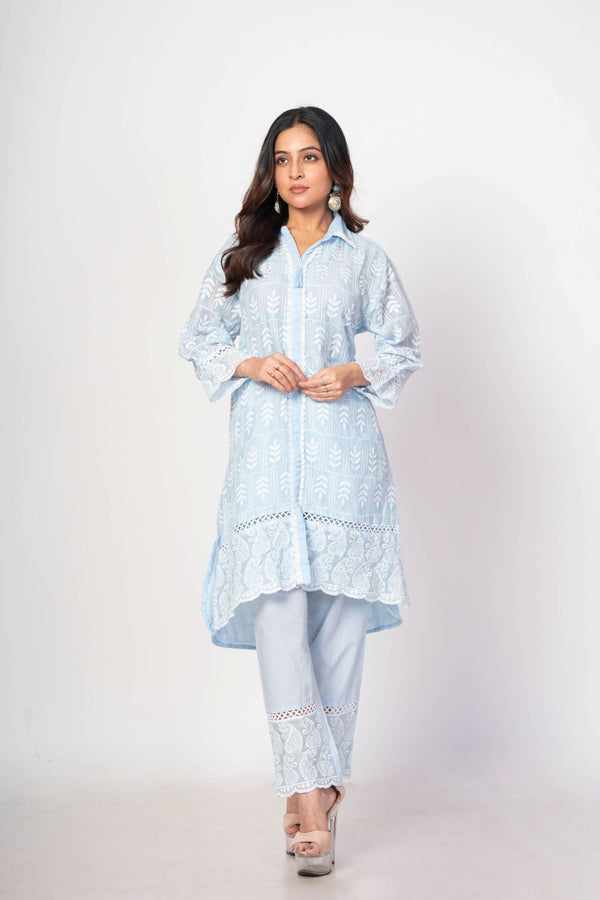 Light Blue Co - ord Set with White Thread Work - Anvi Couture