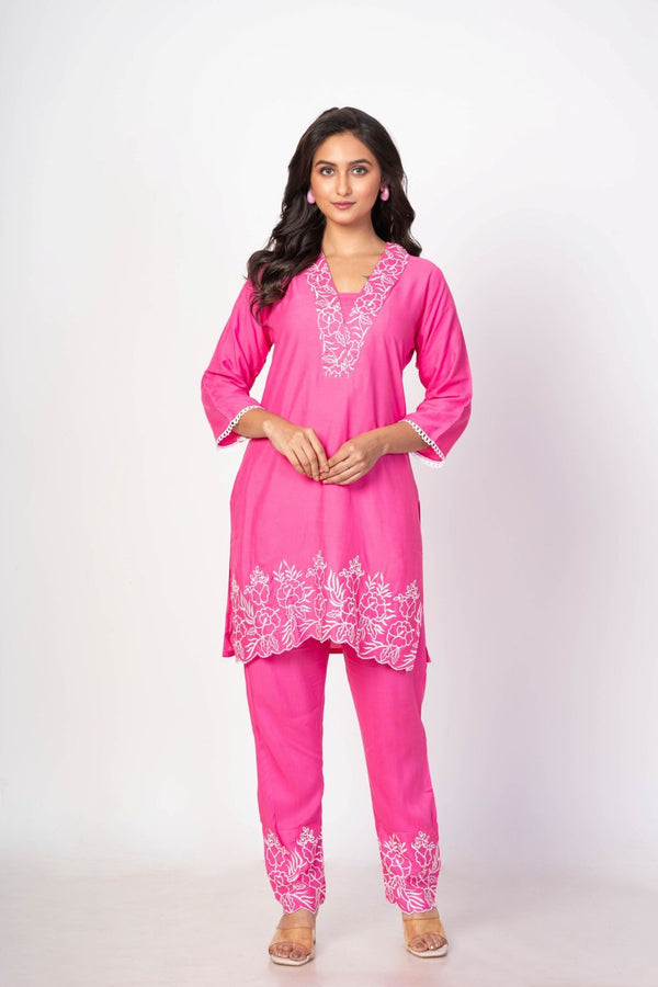 Pink Co - Ord Set With Embroidered Work - Anvi Couture - Front