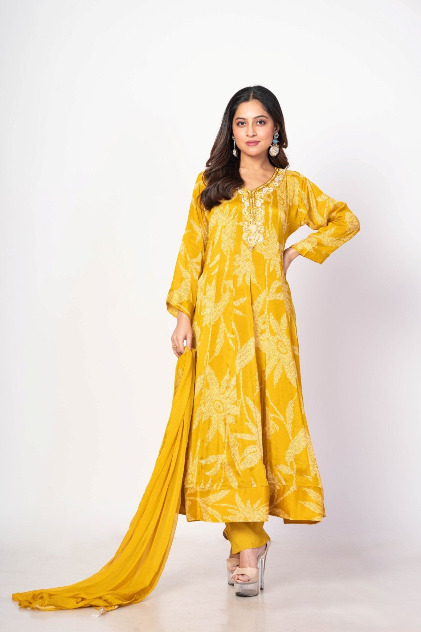 Yellow Printed Anarkali Set With Embroidered Work - Anvi Couture