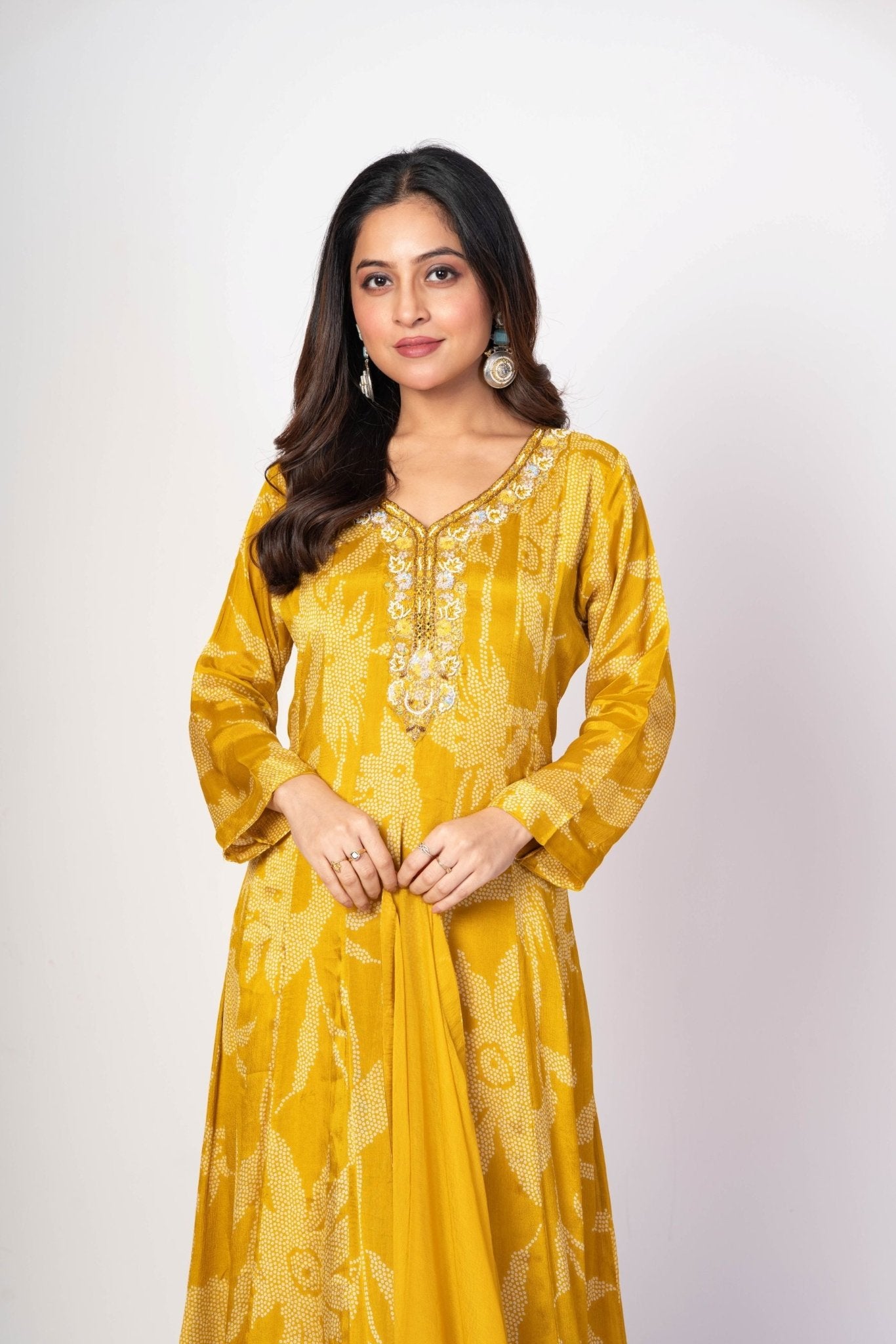 Yellow Printed Anarkali Set With Embroidered Work - Anvi Couture
