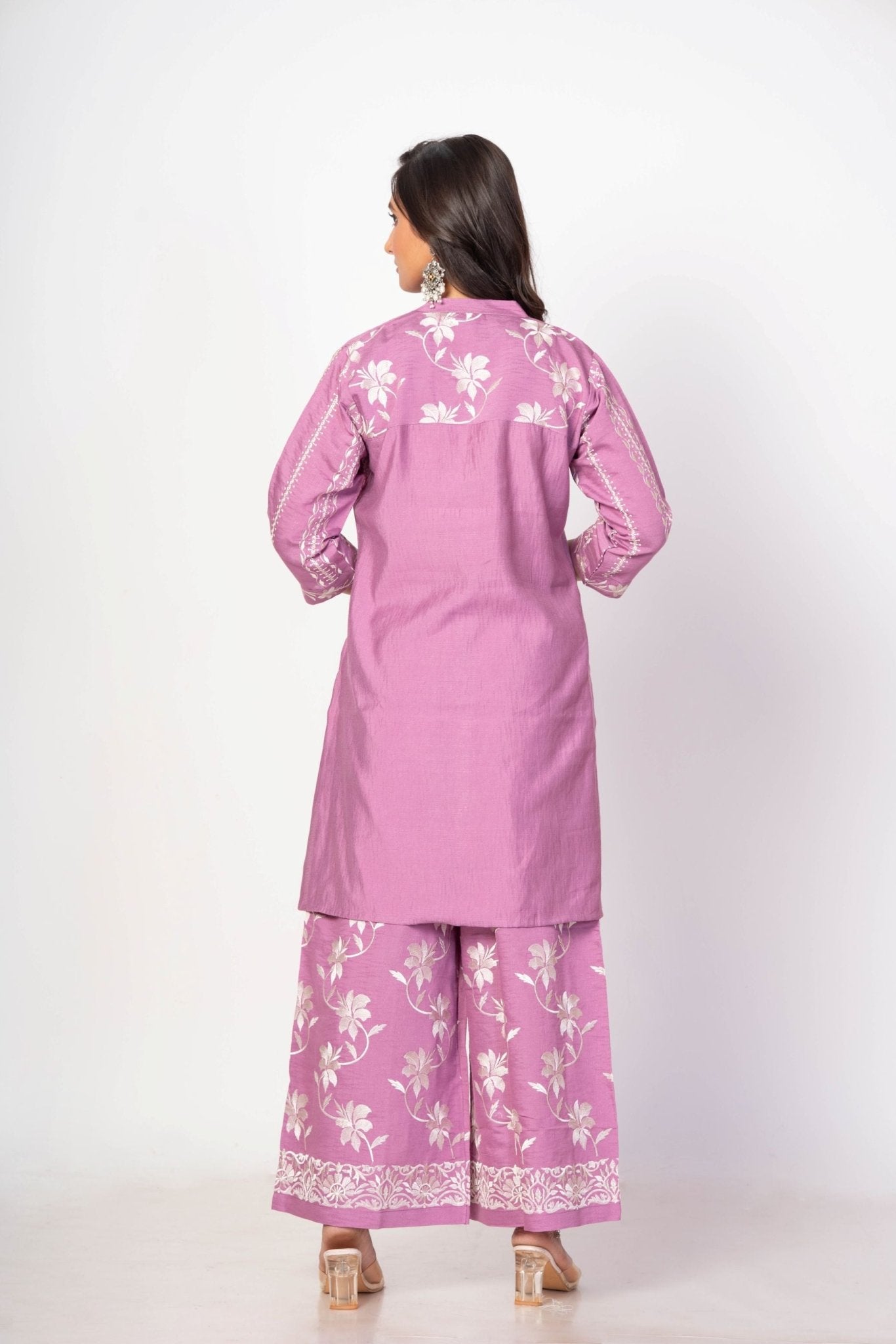 Purple Co - ord Set with White Embroidered Work - Anvi Couture