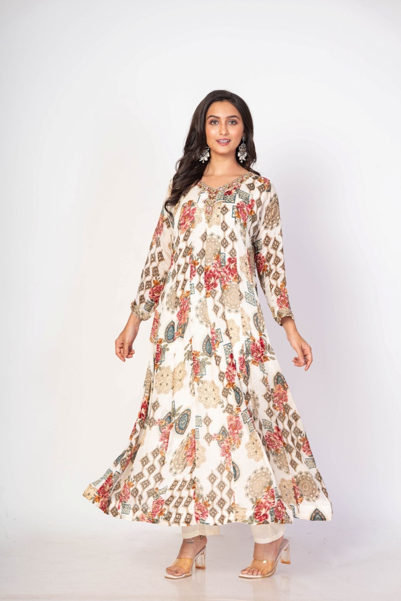 White Floral Printed Anarkali Set With Embroidered Work - Anvi Couture