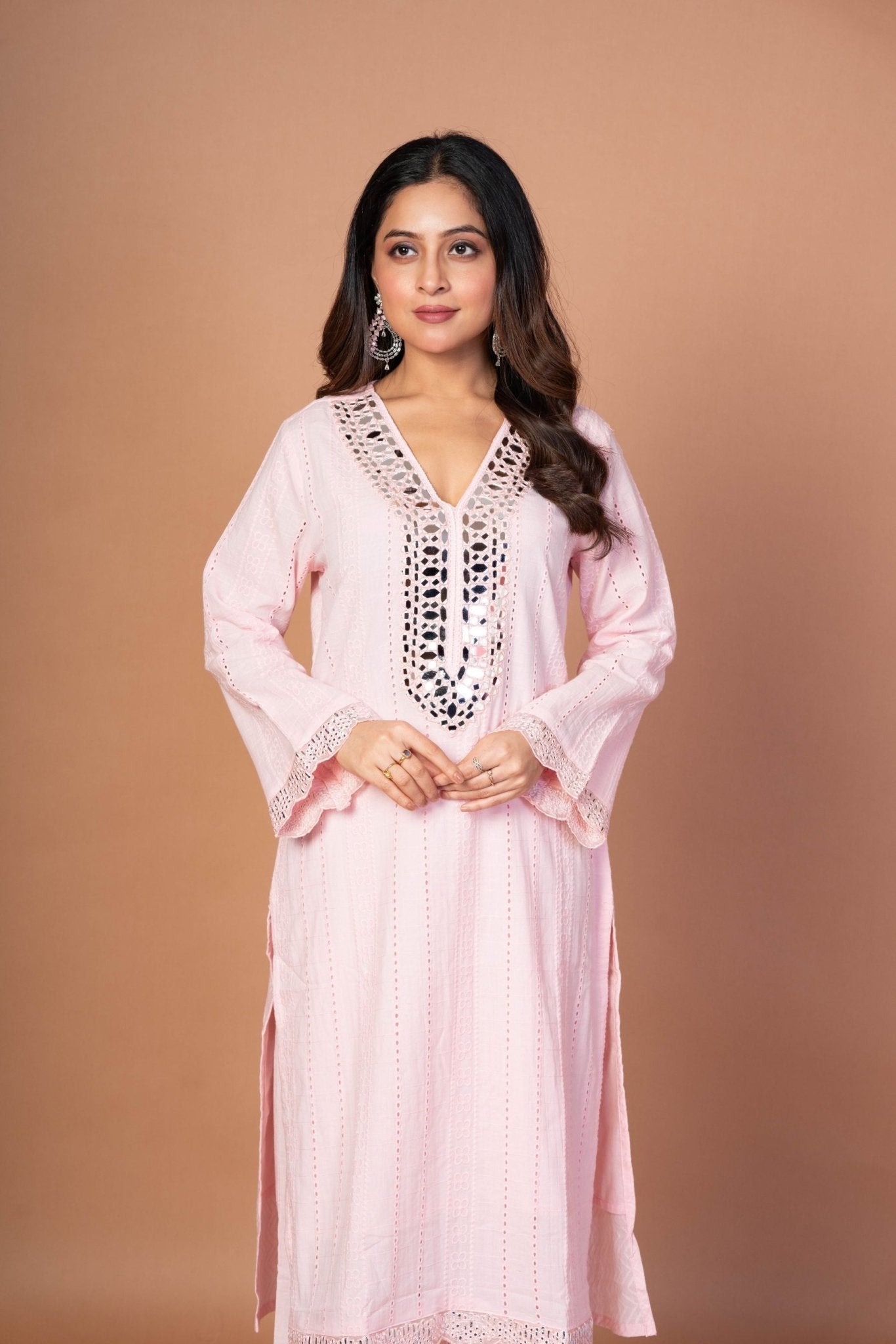 Pink Kurti Set With Mirror Work - Anvi Couture