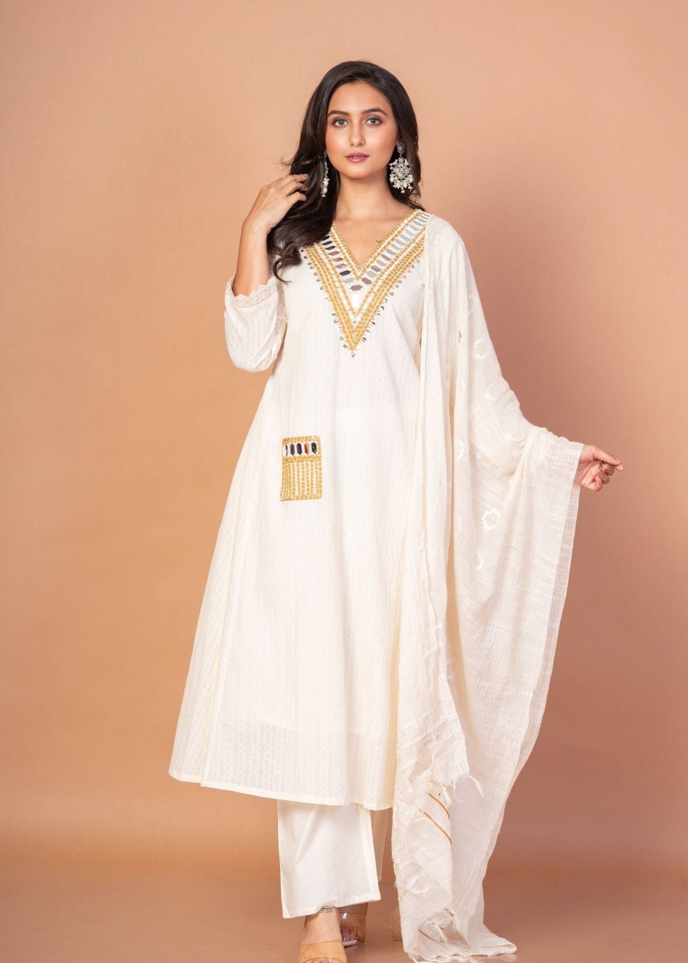 White and Gold Anarkali Kurti Set with Mirror Embroidered Work - Anvi Couture