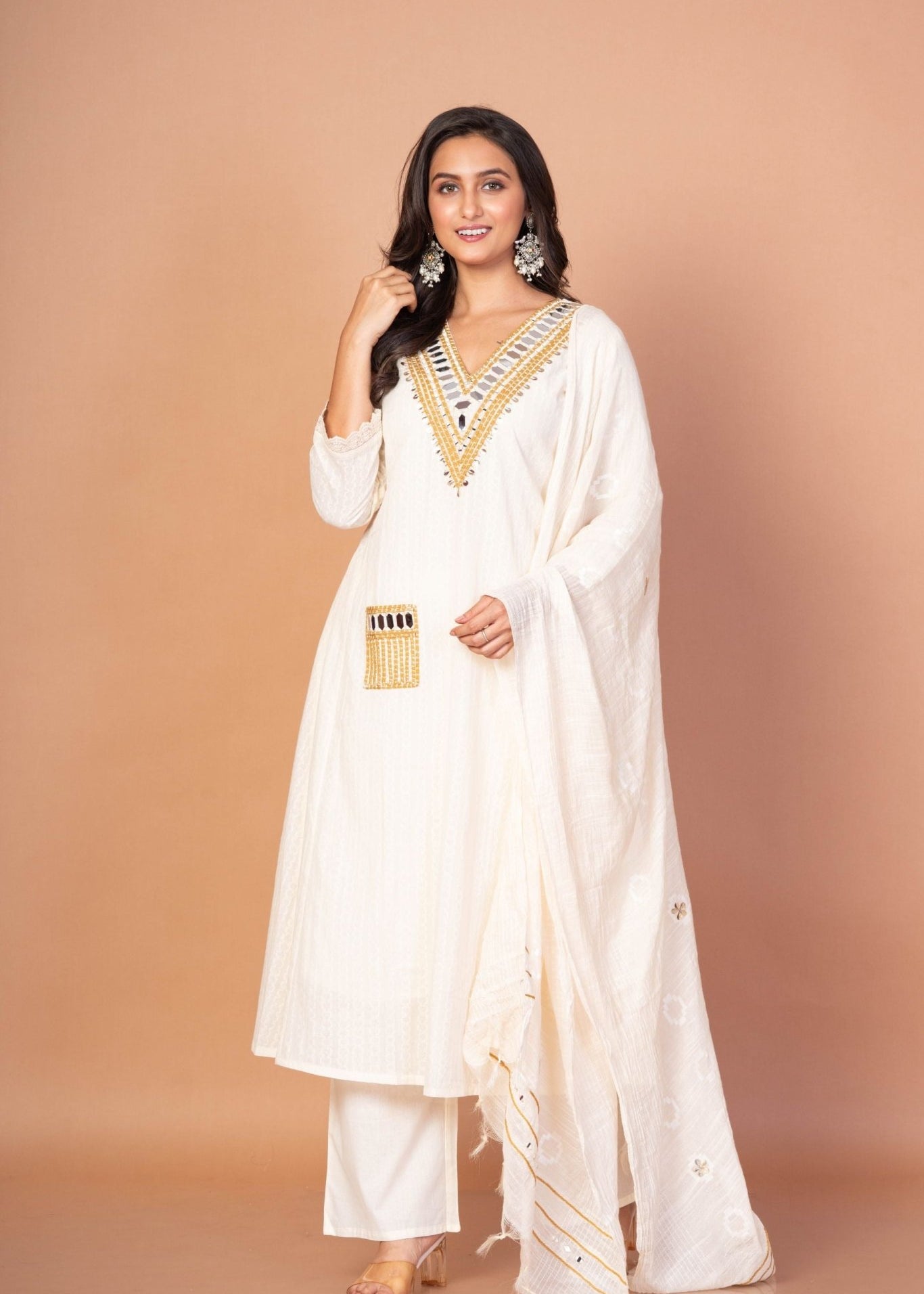 White and Gold Anarkali Kurti Set with Mirror Embroidered Work - Anvi Couture