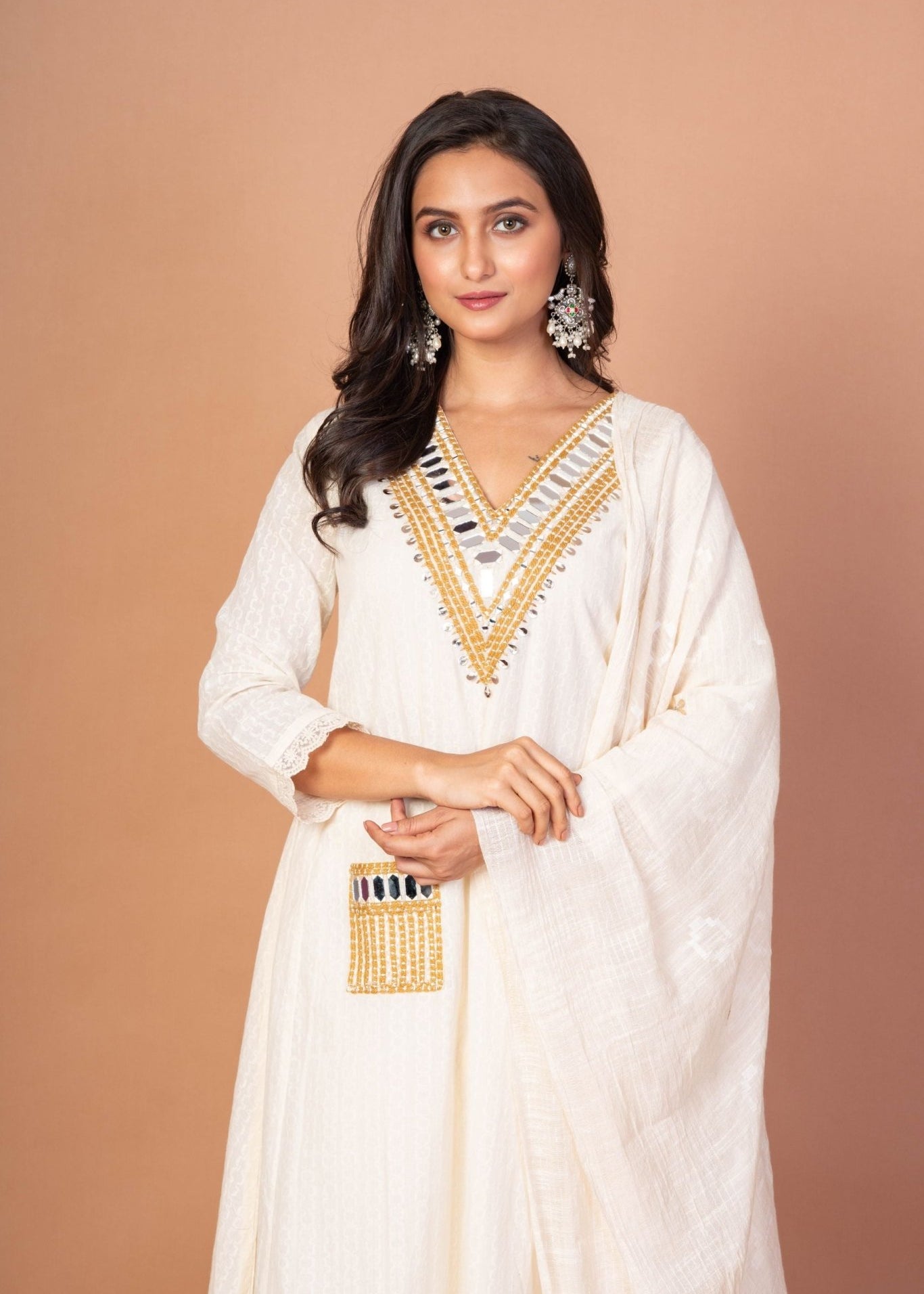 White and Gold Anarkali Kurti Set with Mirror Embroidered Work - Anvi Couture